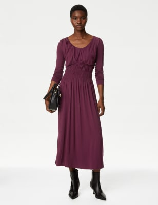 

Womens M&S Collection Round Neck Ruched Midi Smock Dress - Claret, Claret