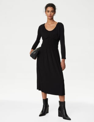 

Womens M&S Collection Round Neck Ruched Midi Smock Dress - Black, Black