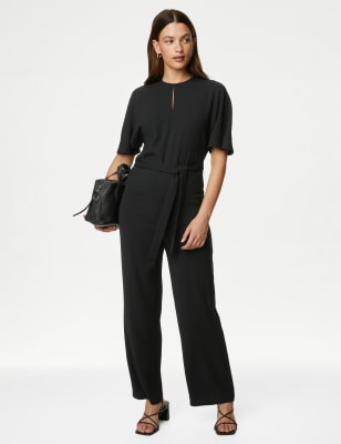 BELTED CREPE JUMPSUIT - Black