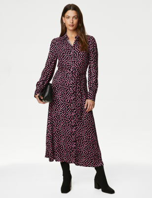 Long-Sleeve Belted Midi Shirt Dress