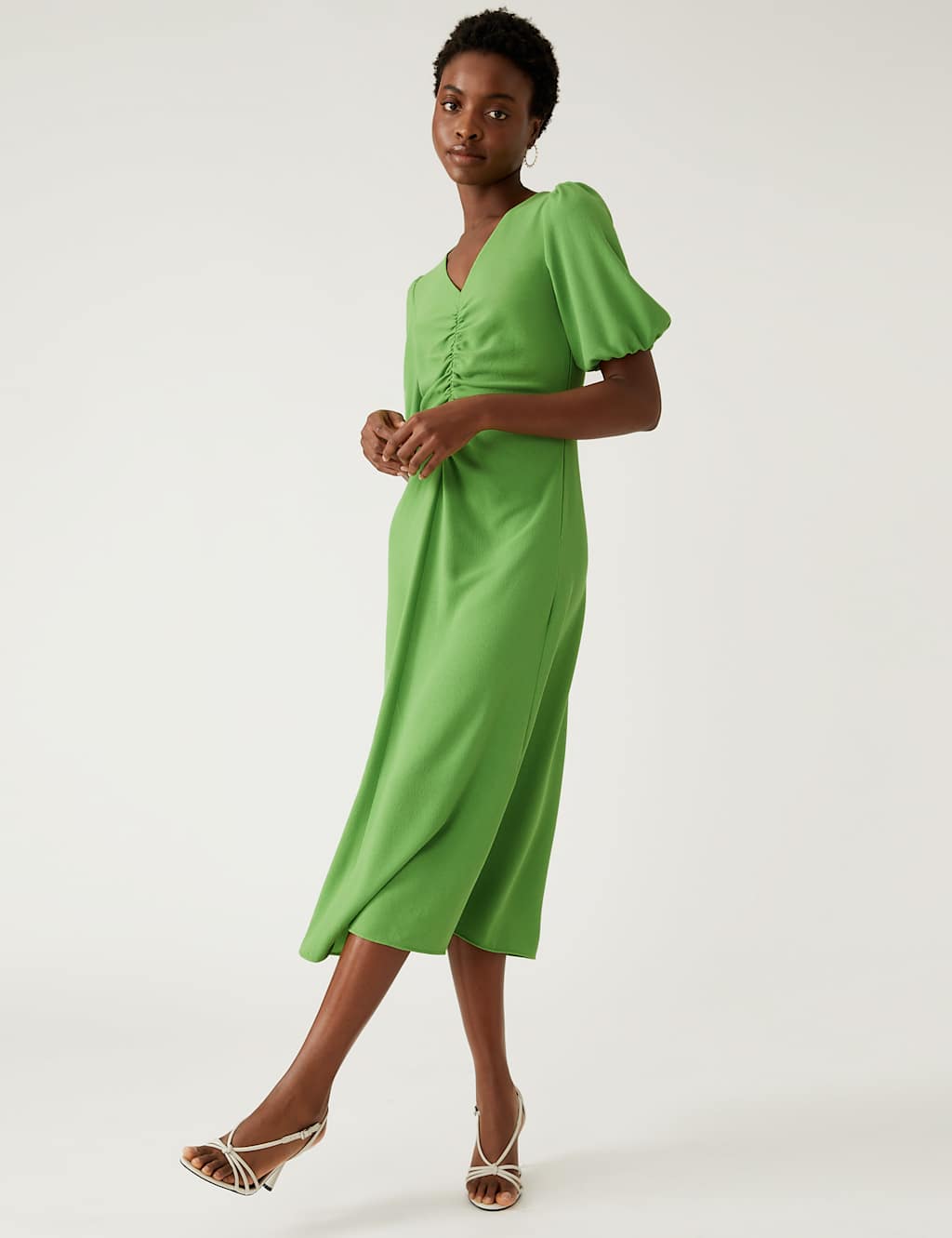 V-Neck Ruched Midi Tea Dress image 4