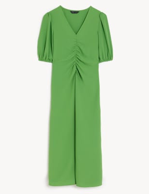 

Womens M&S Collection V-Neck Ruched Midi Tea Dress - Green, Green