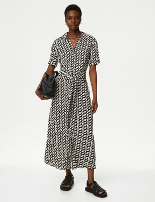 

Womens M&S Collection Printed Collared Belted Midi Shirt Dress - Black Mix, Black Mix
