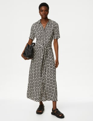 

Womens M&S Collection Printed Collared Belted Midi Shirt Dress - Black Mix, Black Mix