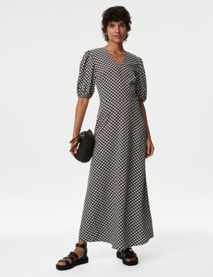 

Womens M&S Collection Checked Textured V-Neck Midaxi Tea Dress - Black Mix, Black Mix