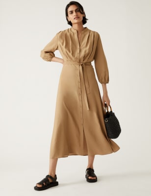 

Womens M&S Collection Midi-Shirtkleid mit Rundhalsausschnitt und Plisseedetail - Light Brown, Light Brown