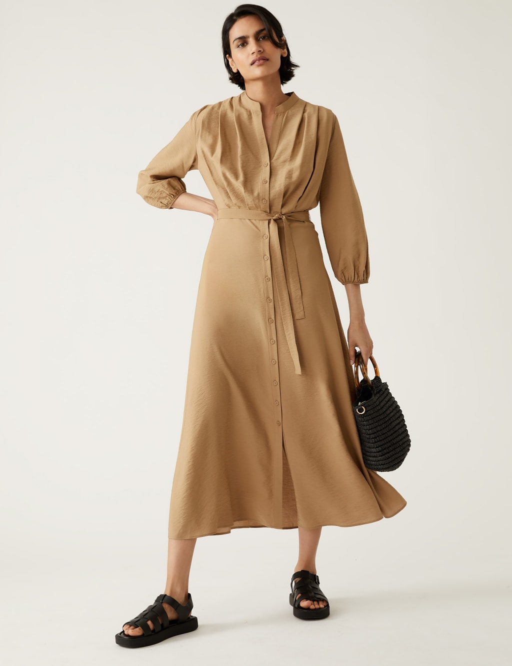 Round Neck Pleated Midi Shirt Dress image 1
