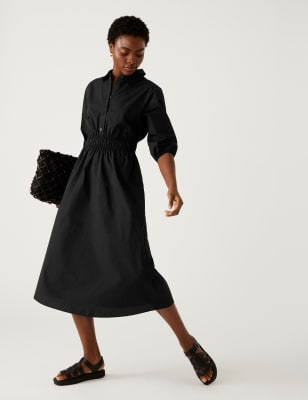 

Womens M&S Collection Pure Cotton Midi Shirt Dress - Black, Black