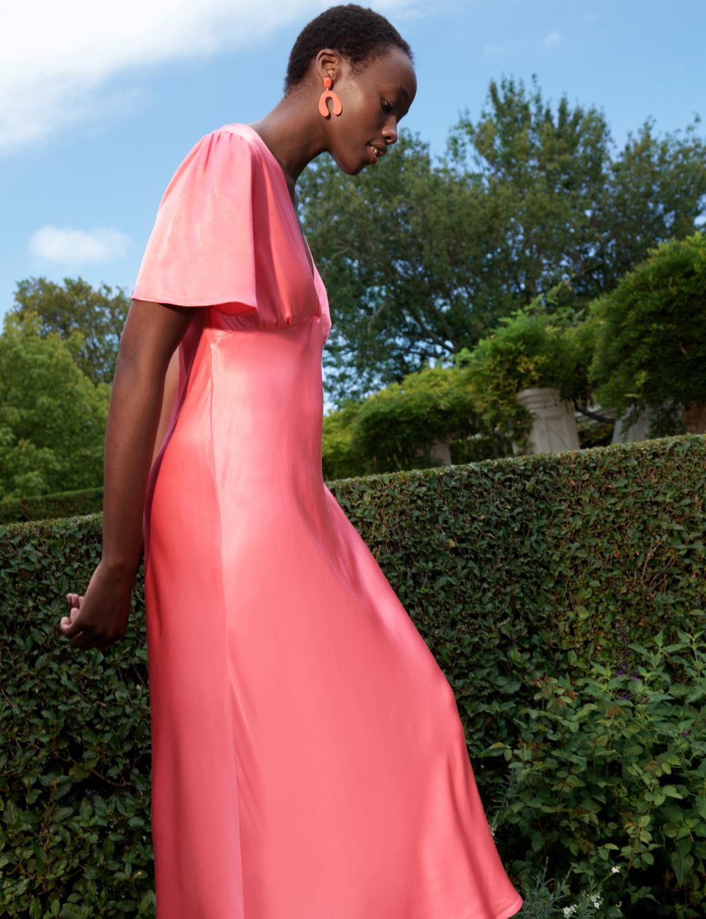 Satin V-Neck Angel Sleeve Midi Tea Dress image 5