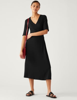 

Womens M&S Collection Jersey V-Neck Midi Wrap Dress - Black, Black