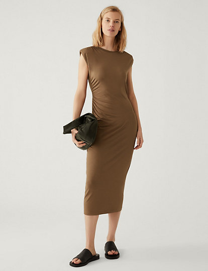 M&S Collection Jersey Round Neck Ruched Midi Bodycon Dress - 16Reg - Toffee, Toffee