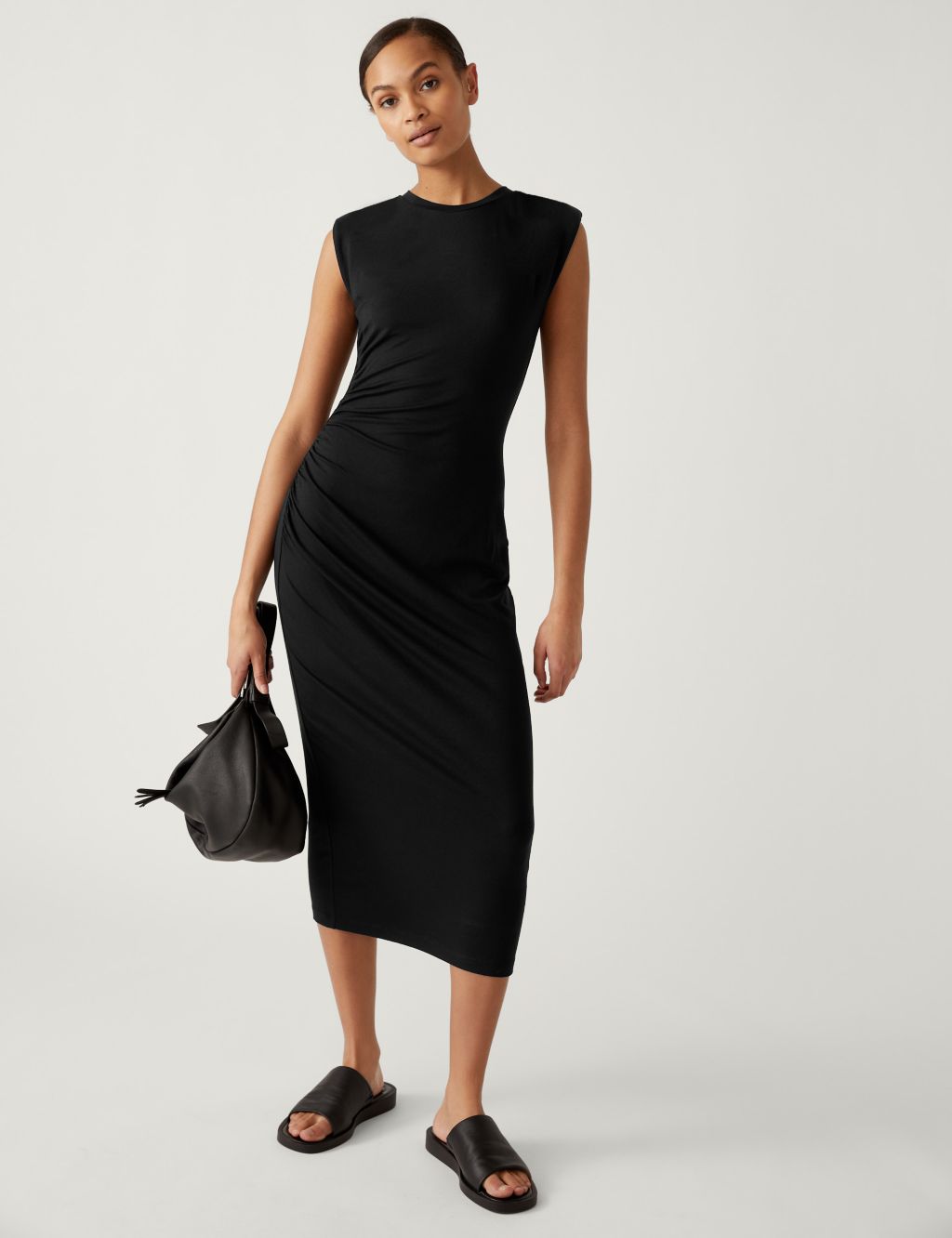 Jersey Round Neck Ruched Midi Bodycon Dress image 1