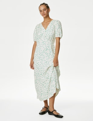 

Womens M&S Collection Printed Button Detail V-Neck Midi Tea Dress - Ivory Mix, Ivory Mix