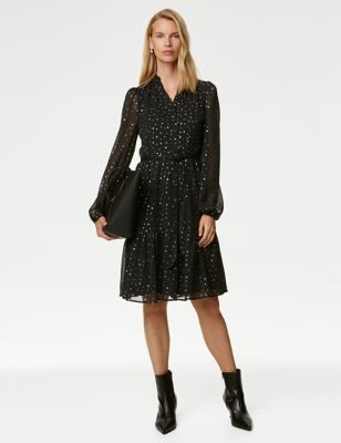 

Womens M&S Collection Foil Printed V-Neck Knee Length Tiered Dress - Black Mix, Black Mix
