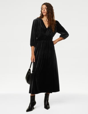 Velvet V-Neck Midi Tea Dress - LU