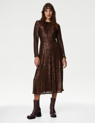 Sequin Round Neck Midi Tea Dress