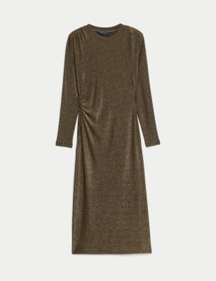 Metallic Ruched Midi Bodycon Dress