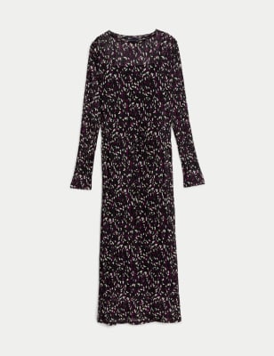 Jersey Printed Round Neck Mesh Midi Column Dress