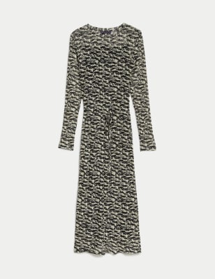 Jersey Printed Round Neck Mesh Midi Column Dress