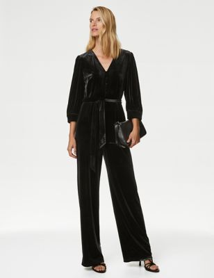 

Womens M&S Collection Velvet V-Neck Belted 3/4 Sleeve Jumpsuit - Black, Black