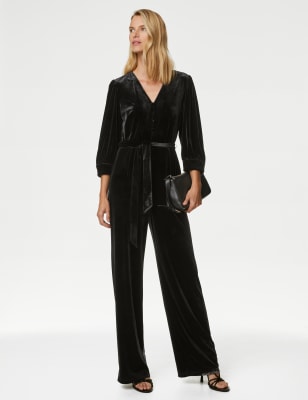 Velvet V-Neck Belted 3/4 Sleeve Jumpsuit - SK