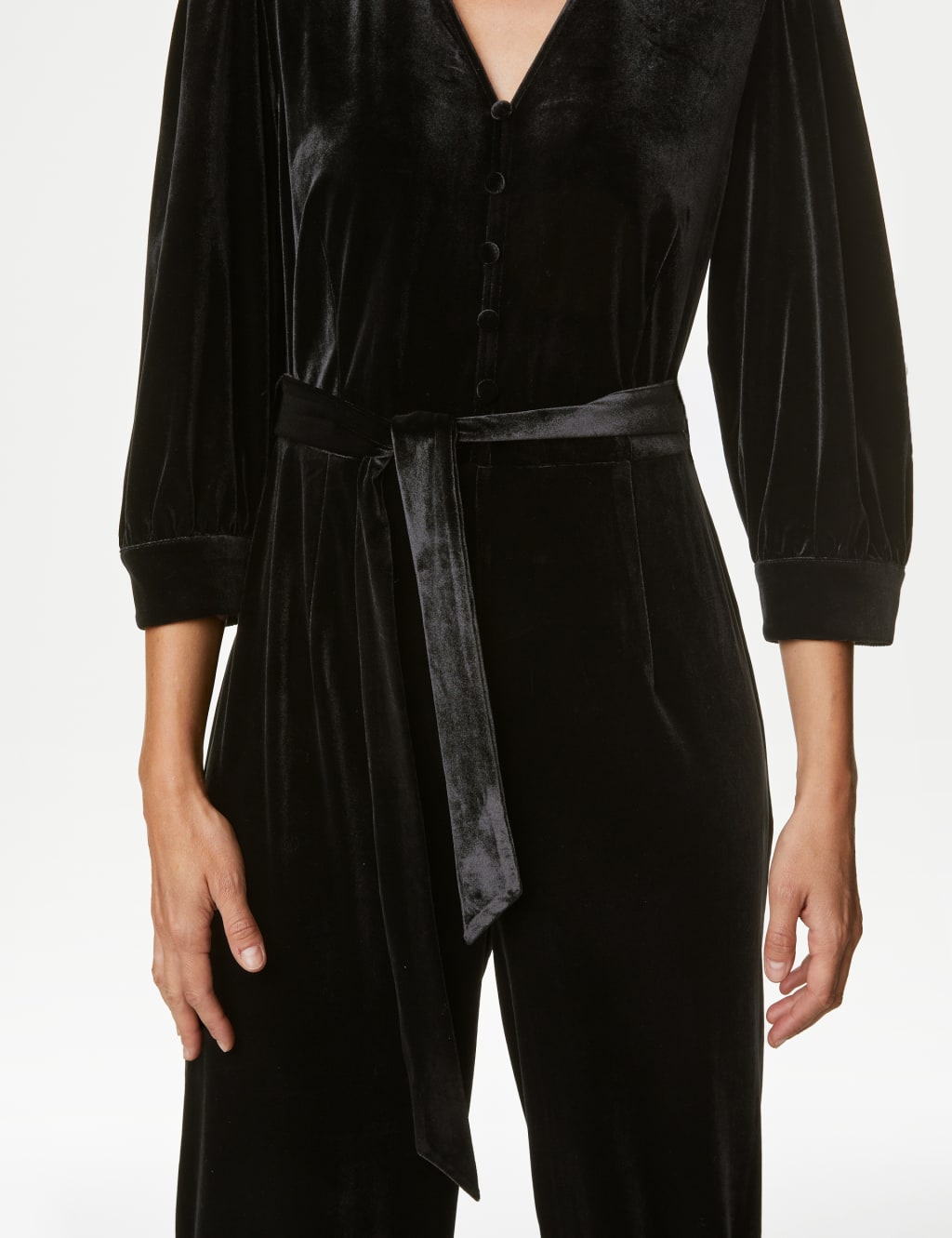 Velvet V-Neck Belted 3/4 Sleeve Jumpsuit image 3