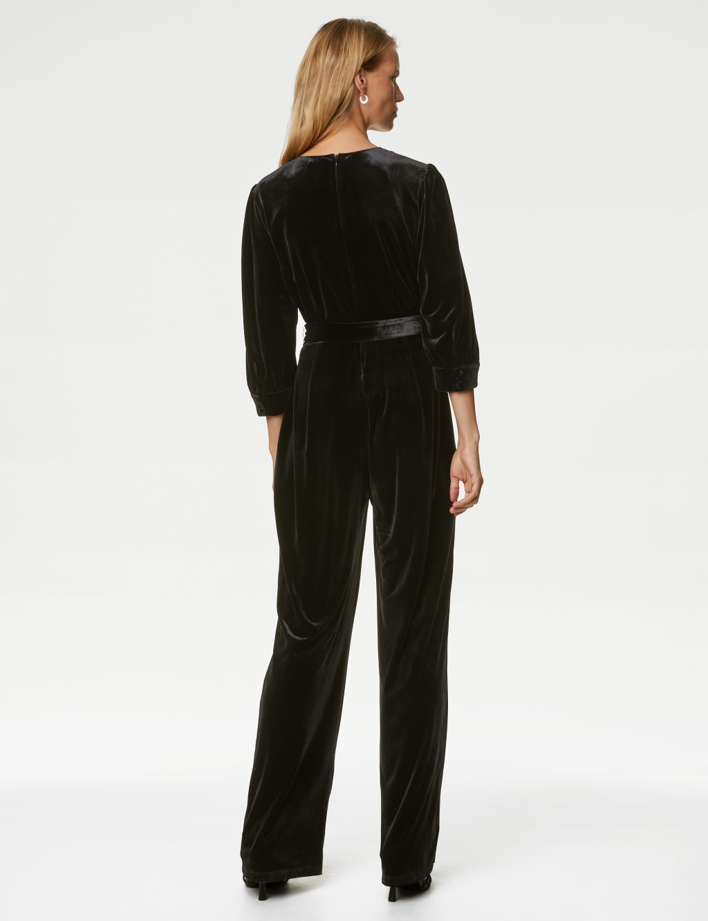 Velvet V-Neck Belted 3/4 Sleeve Jumpsuit image 4