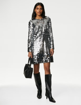 Sequin Round Neck Mini Shift Dress - CA