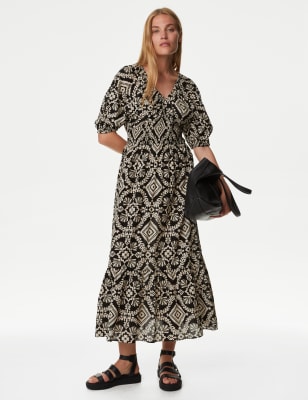 

M&S Collection Vestido maxi a media pierna a la cintura 100% algodón de escote en picoWomens - Black Mix, Black Mix