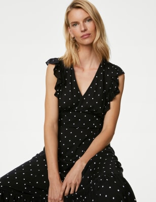 

Womens M&S Collection Polka Dot V-Neck Midaxi Waisted Dress - Black Mix, Black Mix