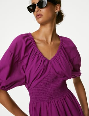 

Womens M&S Collection Tailliertes Minikleid aus reiner Baumwolle mit V-Ausschnitt - Magenta, Magenta