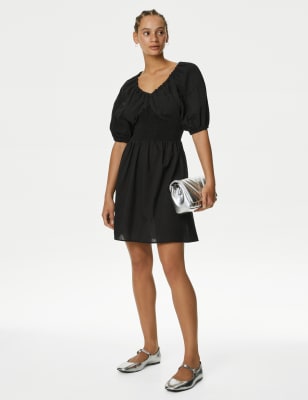 

Womens M&S Collection Pure Cotton V-Neck Mini Waisted Dress - Black, Black