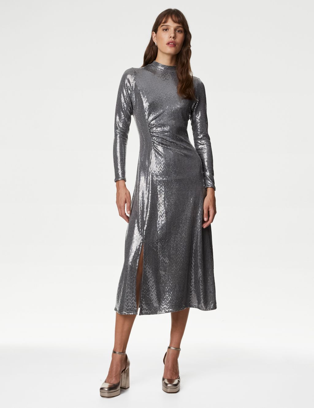 Sequin Ruched Midi Column Dress image 6