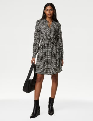 Geometric Tie Neck Belted Mini Shirt Dress - SK