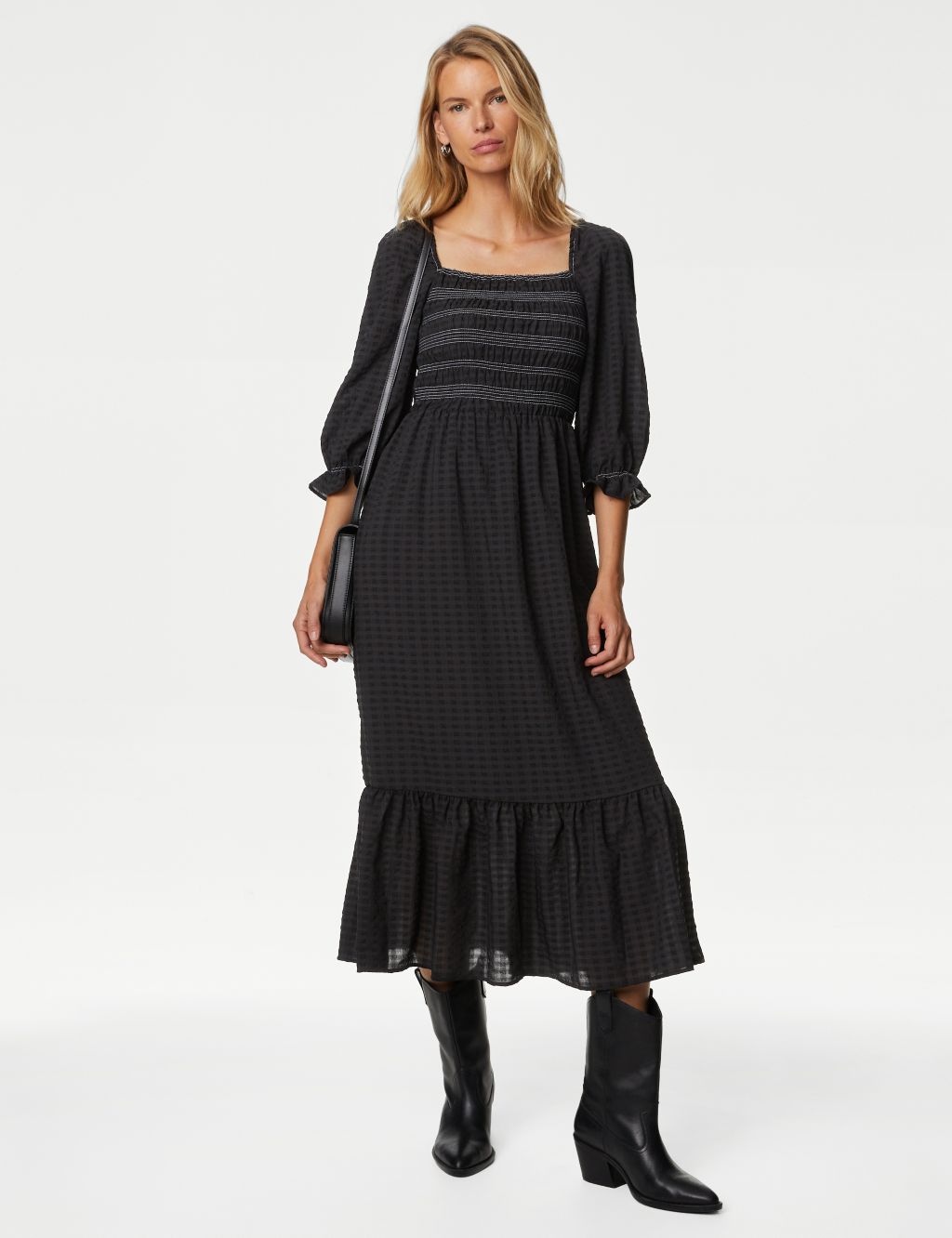 Textured Square Neck Shirred Midaxi Dress image 1