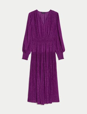 Plisse Printed V-Neck Midi Waisted Dress