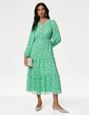 M&S Womens Floral Tie Neck Maxi Tiered Dress - 6REG - Green Mix, Green Mix