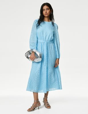 M&S Womens Printed Tie Waist Maxi Tea Dress - 10REG - Light Turquoise, Light Turquoise