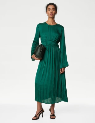 

Womens M&S Collection Satin Round Neck Midi Waisted Dress - Green, Green