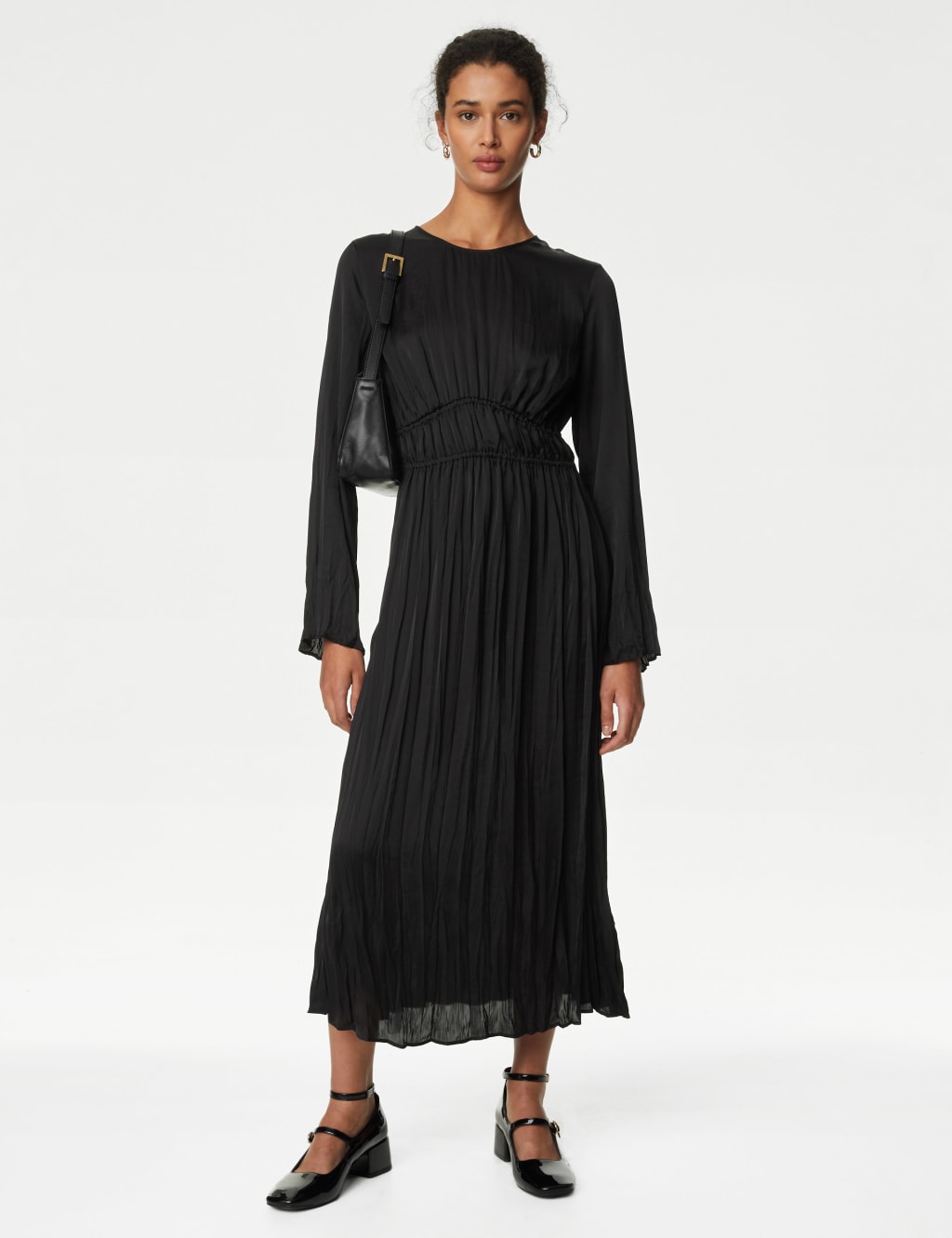 Satin Round Neck Midi Waisted Dress image 1
