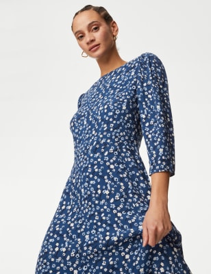 M&S Womens Floral Round Neck Midi Tea Dress - 8PET - Blue Mix, Blue Mix,Ivory Mix