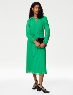 

Womens M&S Collection Tie Neck Pleated Belted Midi Column Dress - Green, Green