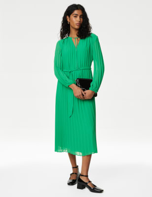 Tie Neck Pleated Belted Midi Column Dress