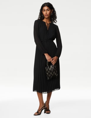 Tie Neck Pleated Belted Midi Column Dress