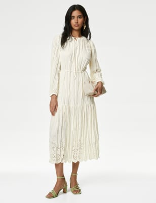 Embroidered Tie Neck Midaxi Tiered Dress