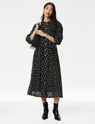 M&S Womens Polka Dot Shirred Midi Shirt Dress - 14PET - Black, Black