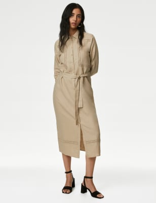 M&S Women's Linen Rich Belted Midi Shirt Dress - 6REG - Natural, Natural