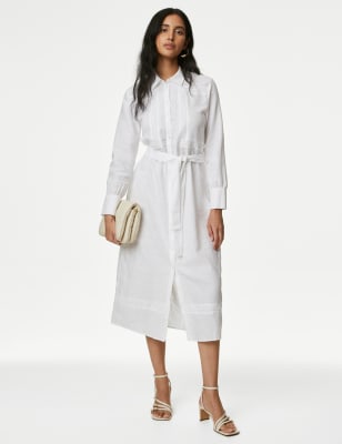 

Womens M&S Collection Linen Rich Belted Midi Shirt Dress - White, White