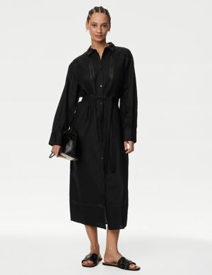 M&S Womens Linen Rich Lace Insert Midi Shirt Dress - 12LNG - Black, Black