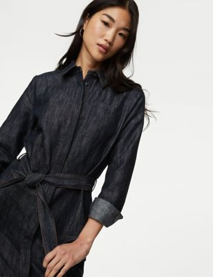 M&S Women's Cotton Rich Denim Midi Shirt Dress - 12PET - Dark Denim, Dark Denim